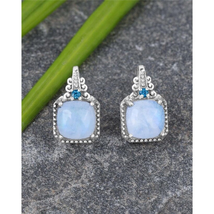 Premium Sterling Silver Rainbow Moonstone Stud Earrings - Elegant Square Cut, 0.39 x 0.67