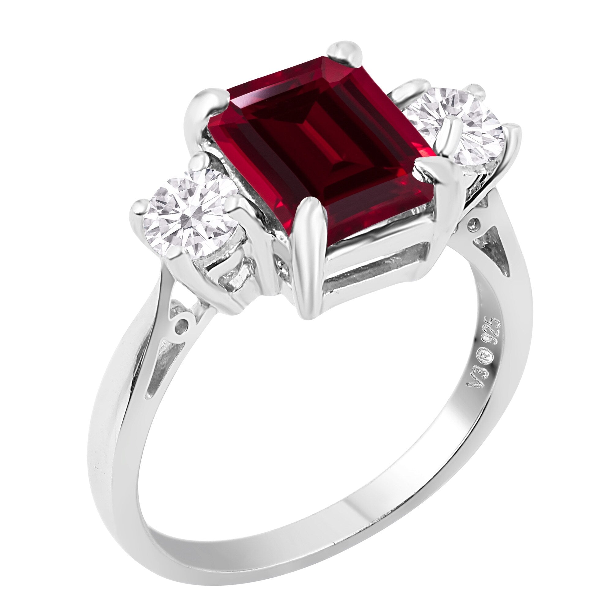Premium Sterling Silver Three-Stone Ring with Emerald-Cut Ruby & White Topaz