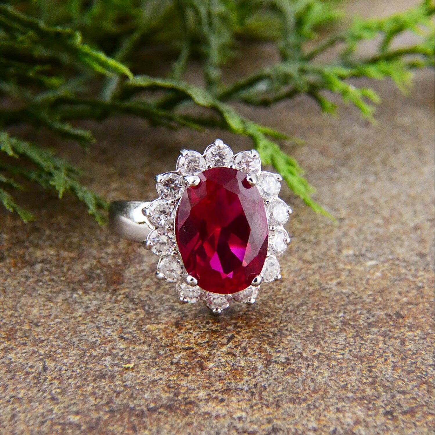 Brass Metal Kate Middleton Inspired Ring in Ruby Color Glass and Clear CZ