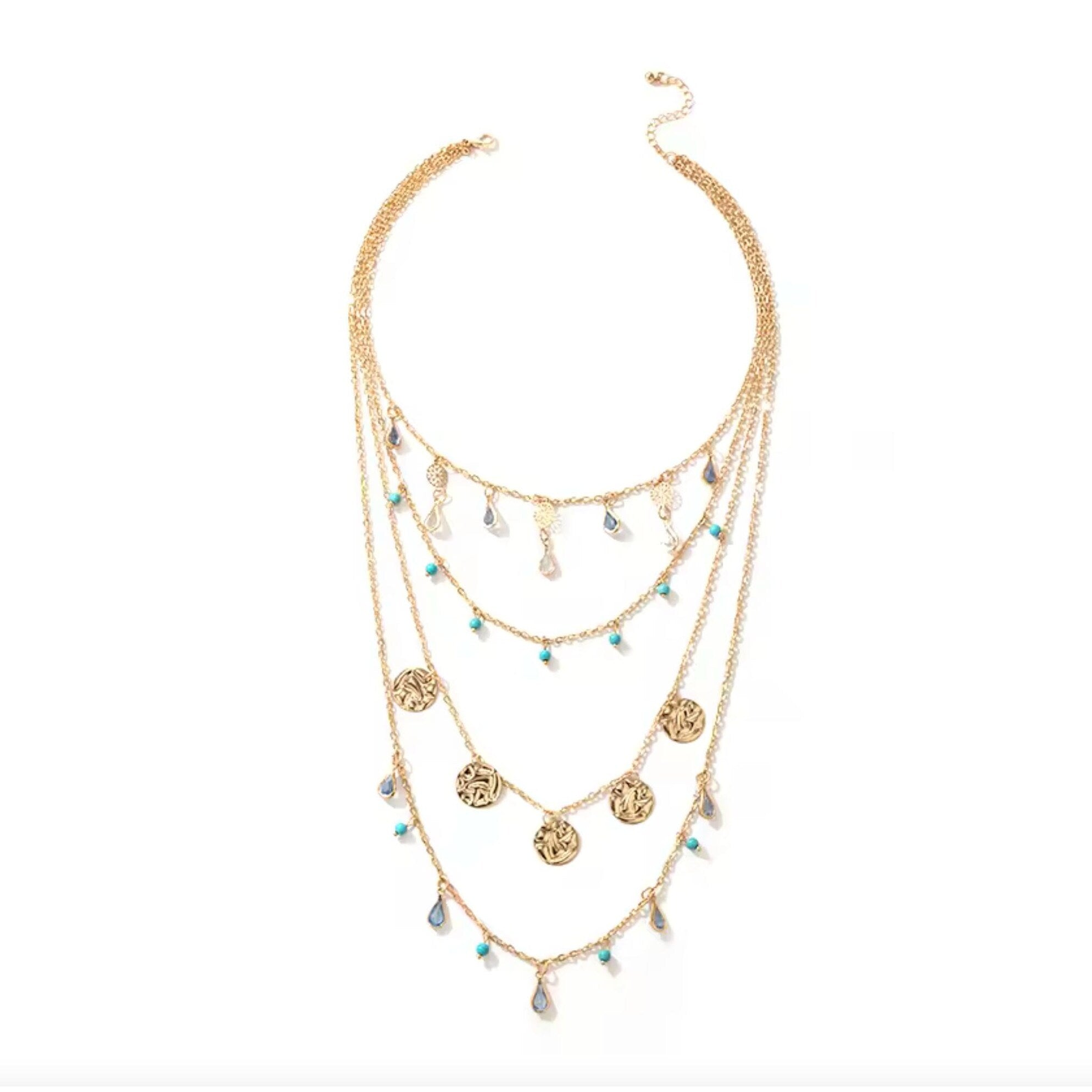 Premium Goldtone Bohemian Layered Necklace with Turquoise Beads