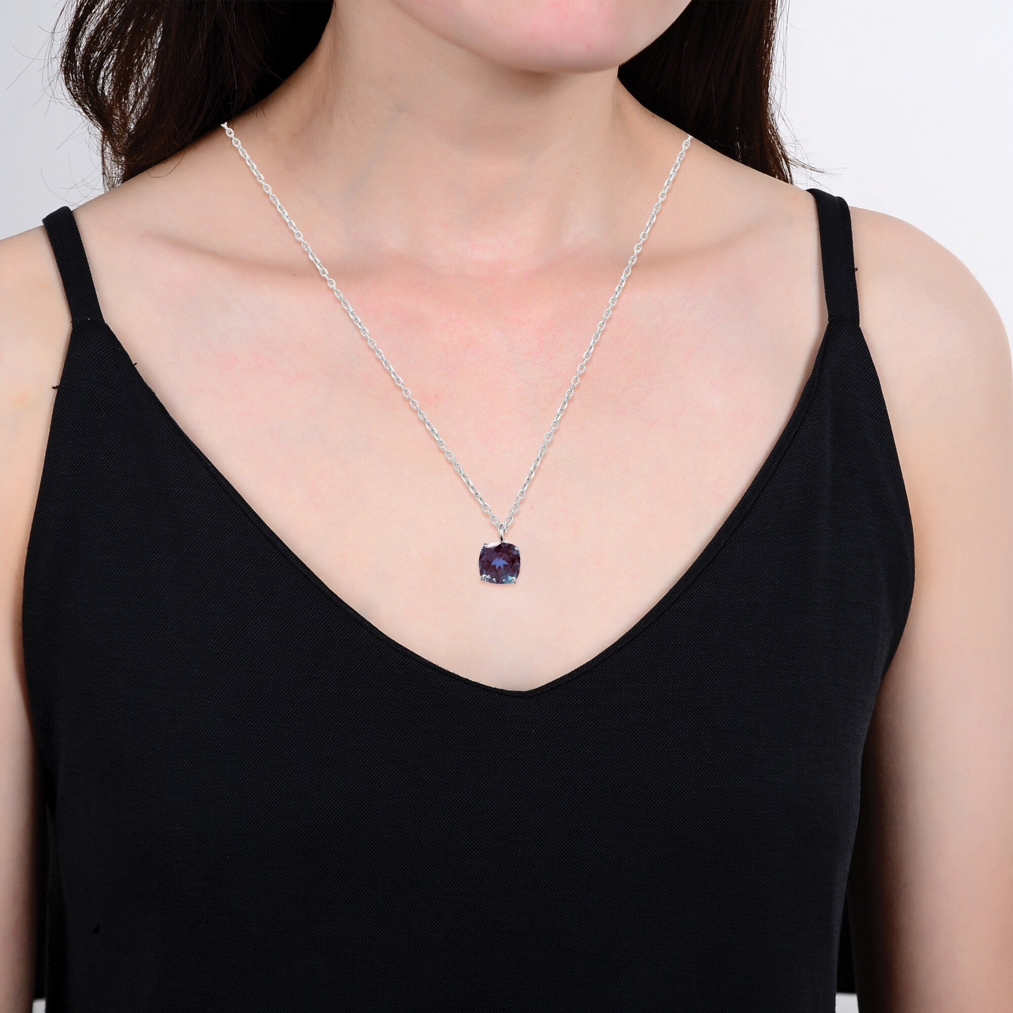 Premium Sterling Silver Cushion Cut Alexandrite Solitaire Pendant - Ultimate Color-Changing Gemstone Jewelry