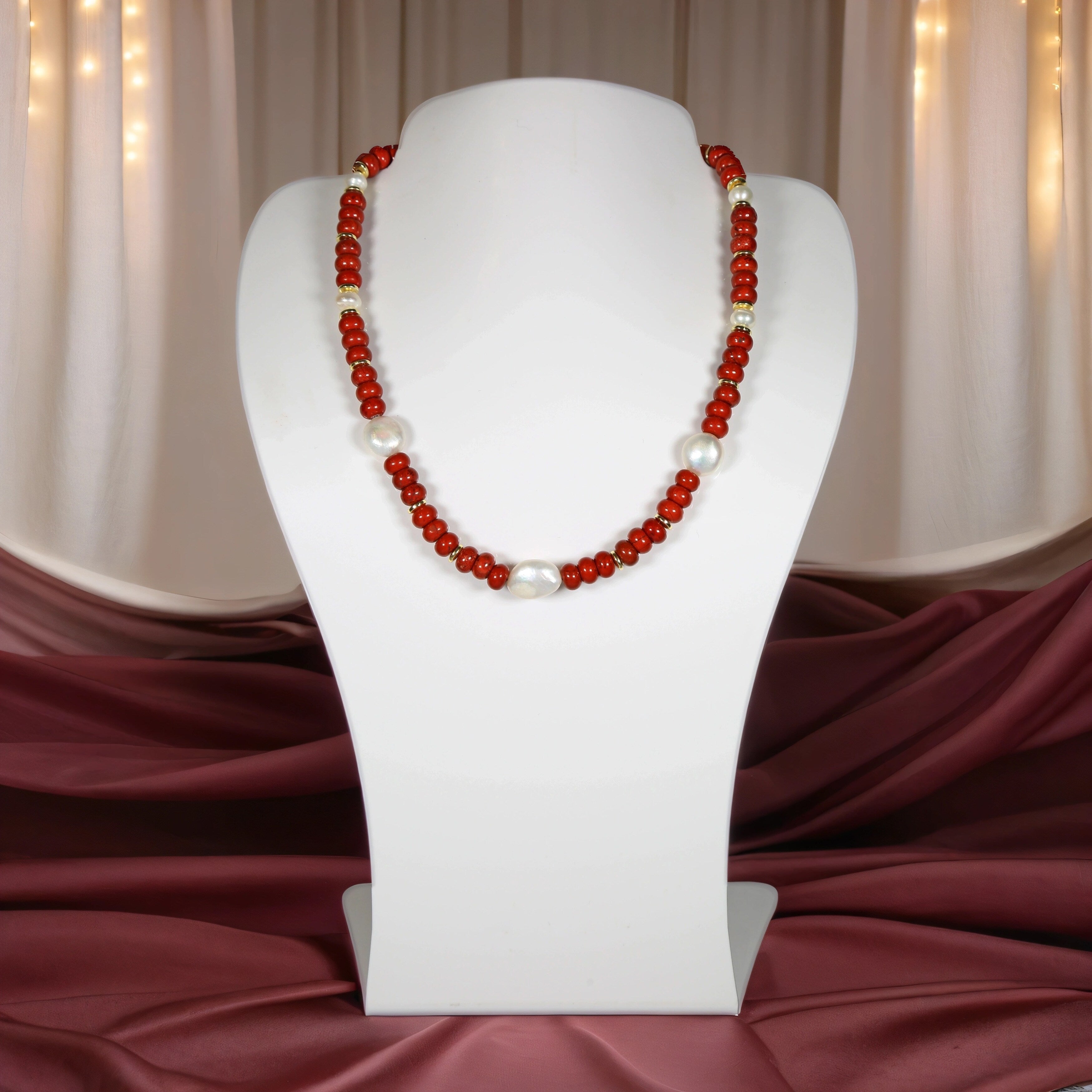 Premium Red Jasper & Pearl Statement Necklace