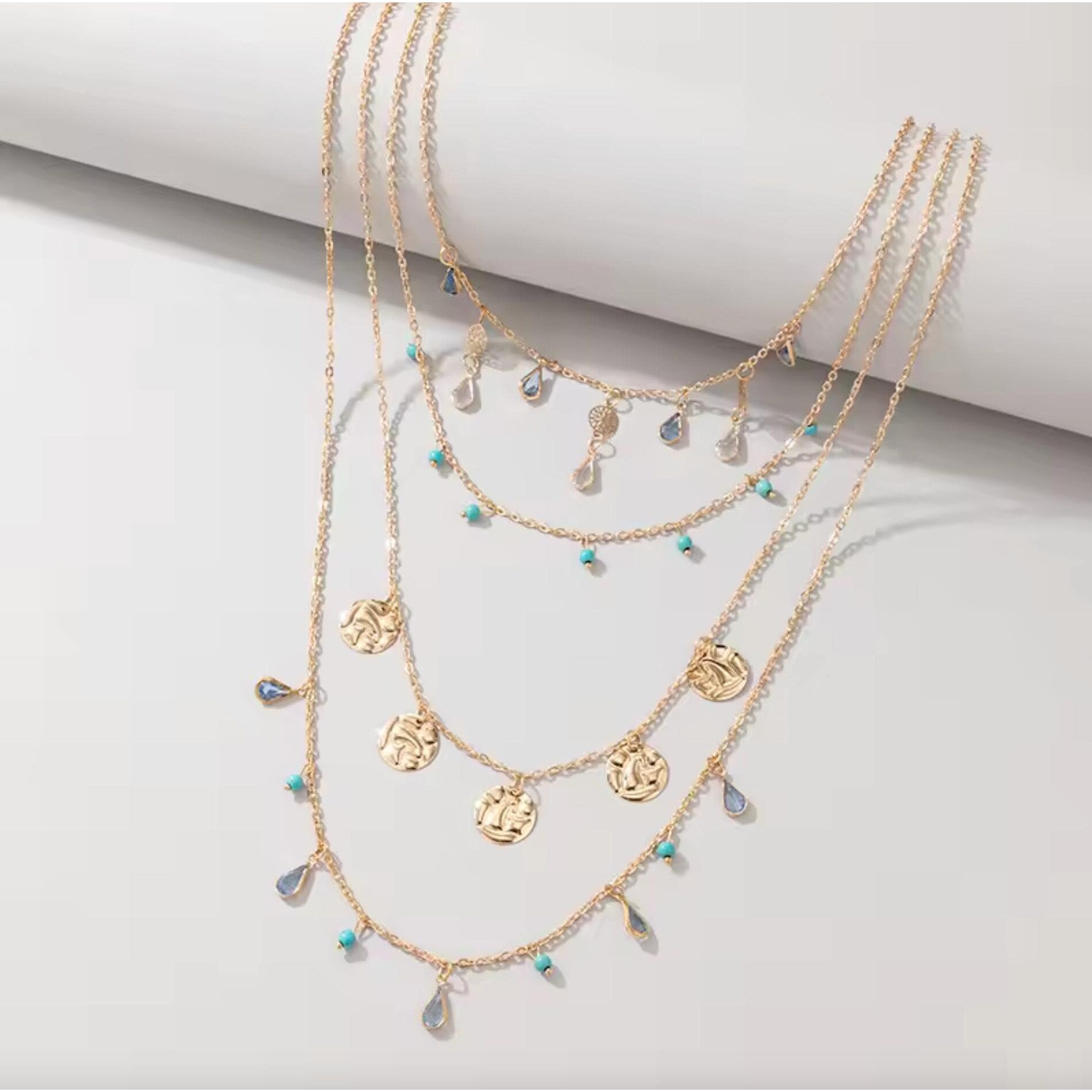 Premium Goldtone Bohemian Layered Necklace with Turquoise Beads