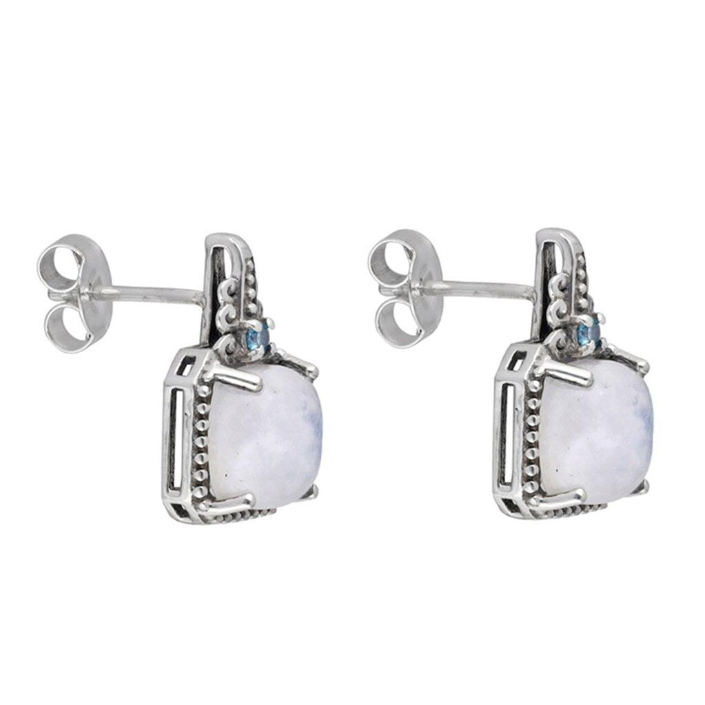 Premium Sterling Silver Rainbow Moonstone Stud Earrings - Elegant Square Cut, 0.39 x 0.67
