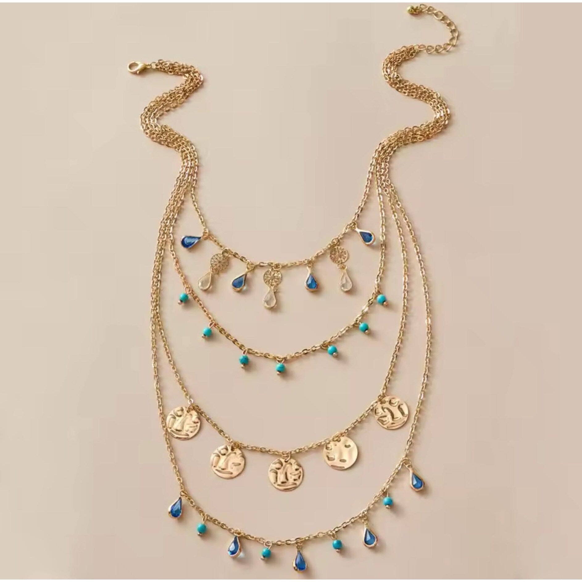 Premium Goldtone Bohemian Layered Necklace with Turquoise Beads