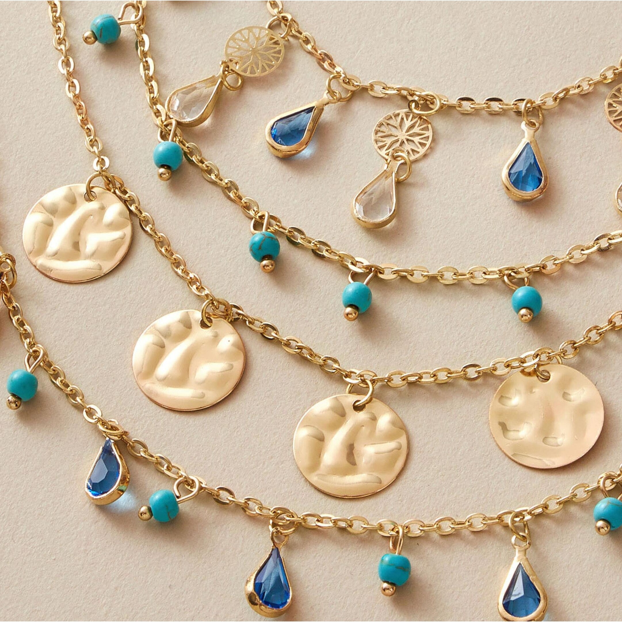Premium Goldtone Bohemian Layered Necklace with Turquoise Beads
