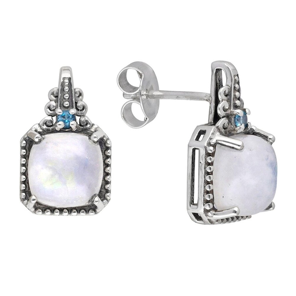 Premium Sterling Silver Rainbow Moonstone Stud Earrings - Elegant Square Cut, 0.39 x 0.67