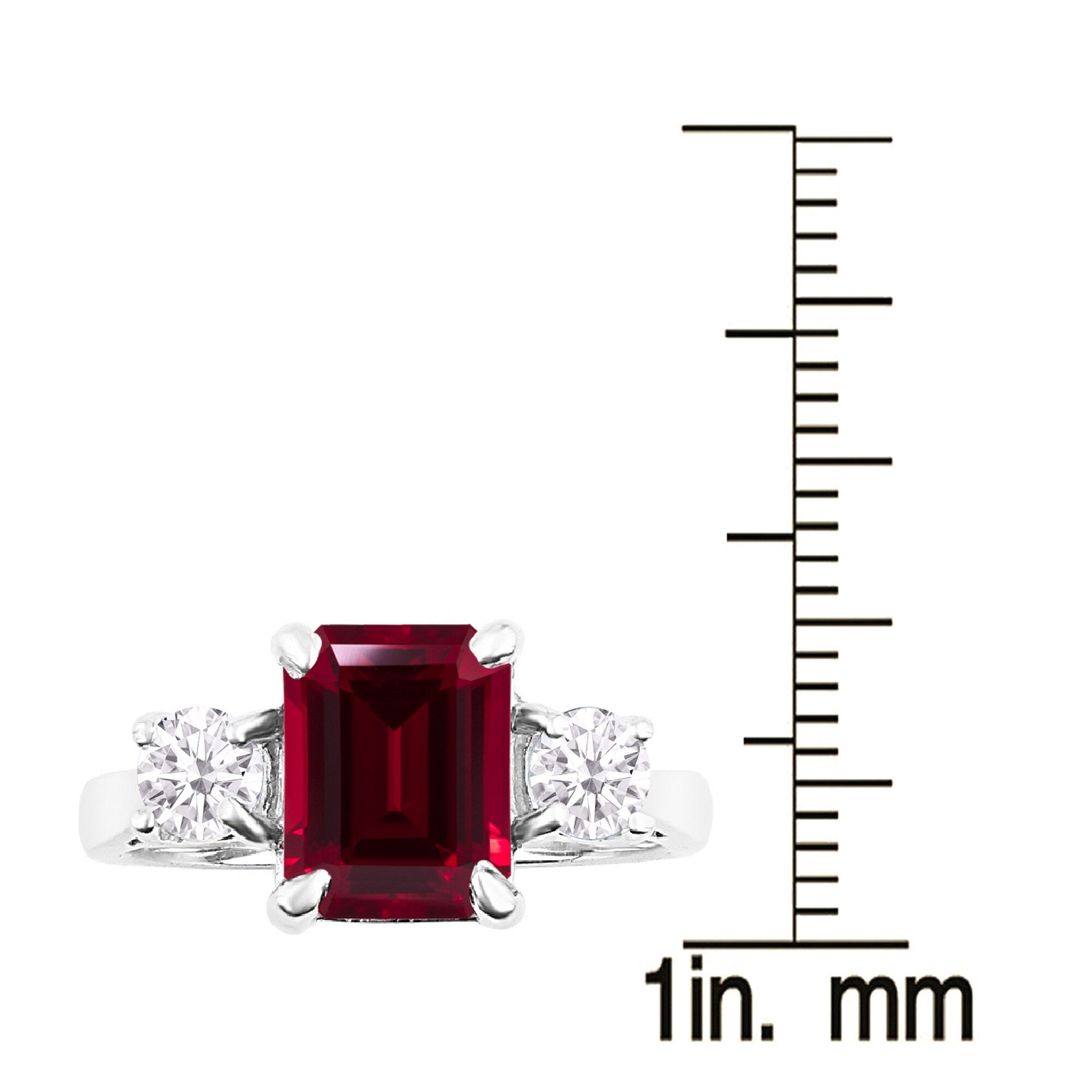 Premium Sterling Silver Three-Stone Ring with Emerald-Cut Ruby & White Topaz