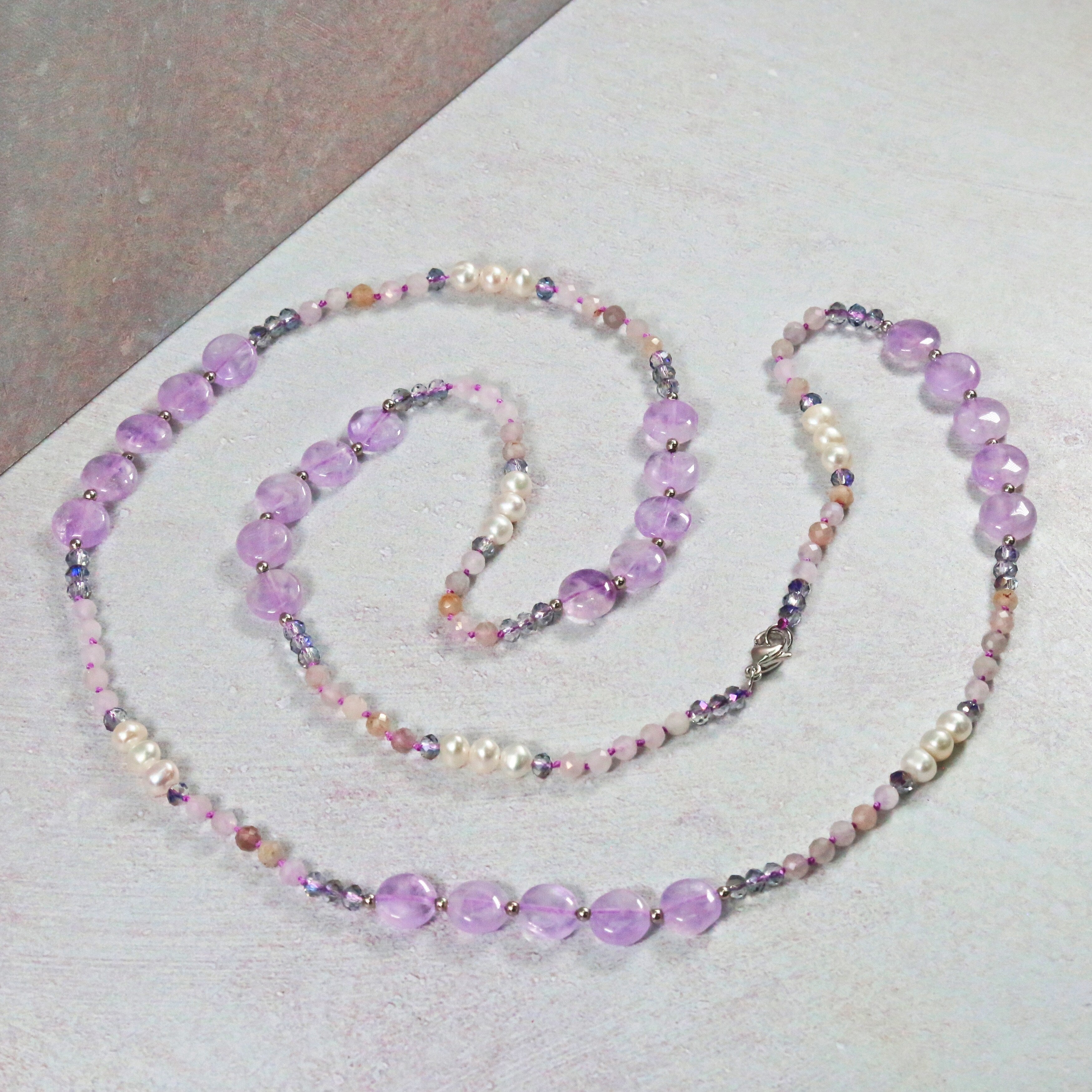 Elegant Amethyst and Pearl Long Necklace