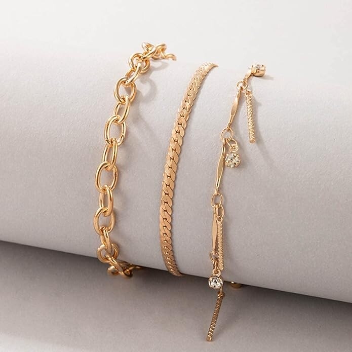 Ultimate Goldtone Crystal Anklet Trio - Premium Adjustable Set