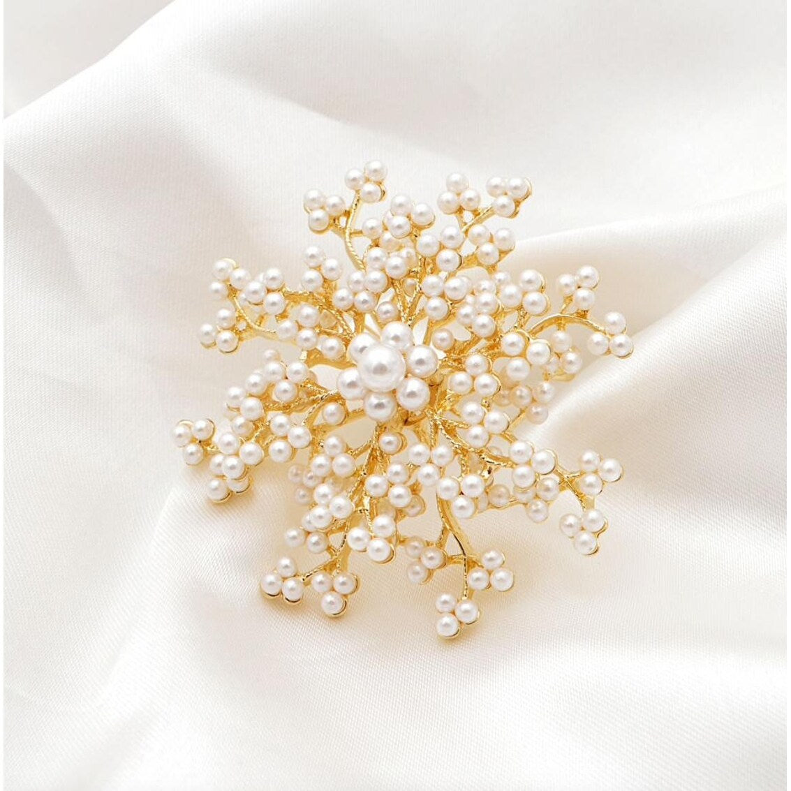 Premium Gold-Tone Faux Pearl Floral Brooch - Elegant White