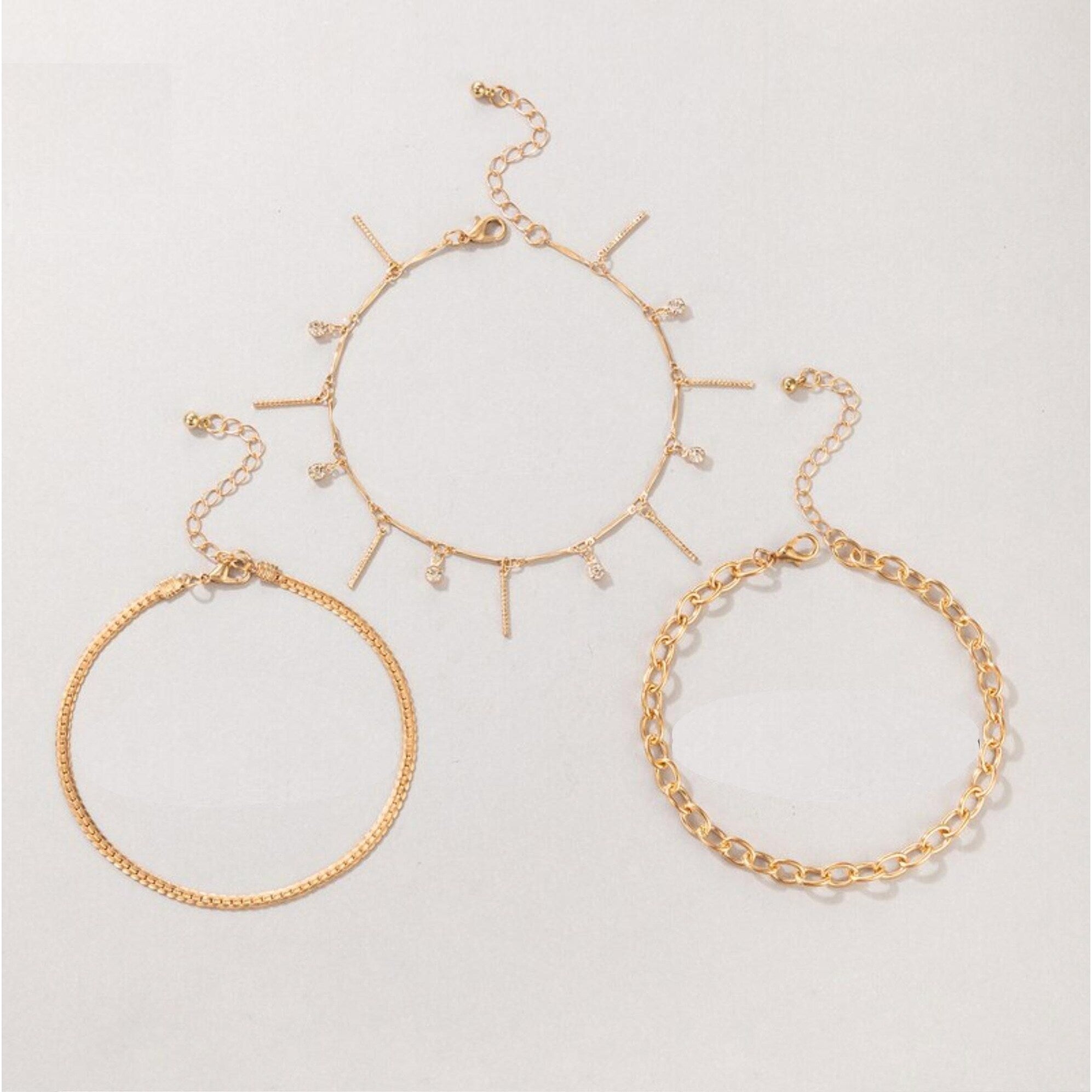Ultimate Goldtone Crystal Anklet Trio - Premium Adjustable Set
