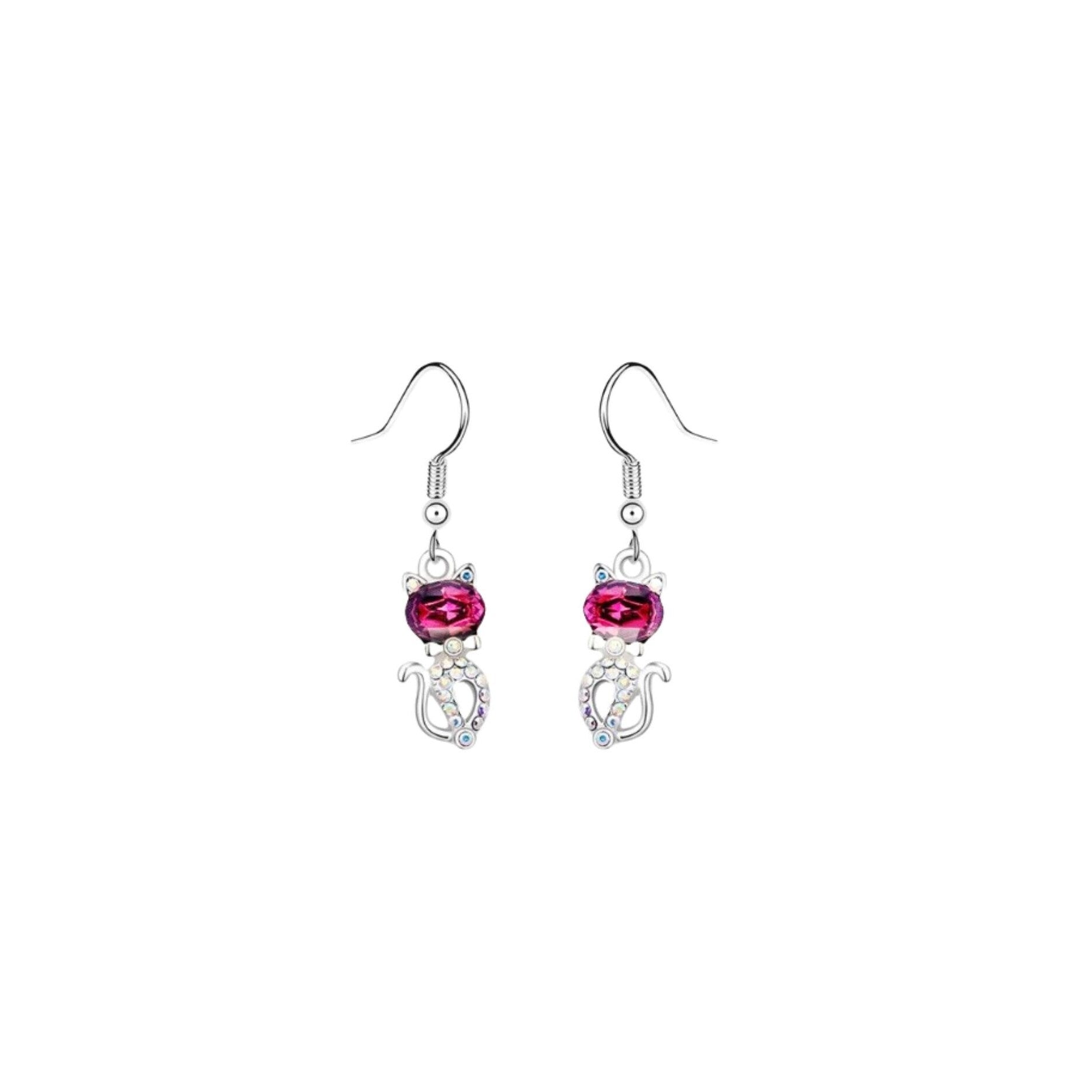 Premium Fuchsia Swarovski Crystal Cat Drop Earrings – Ultimate Elegance