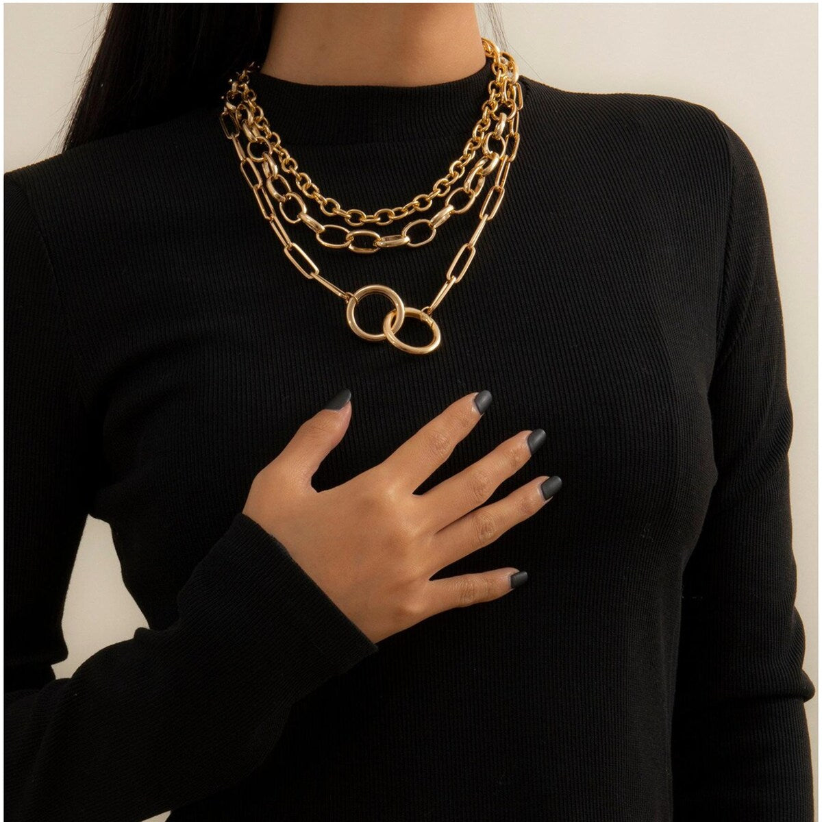Premium Goldtone Interlocking Circles Chain Necklace - Elegant Layered Design