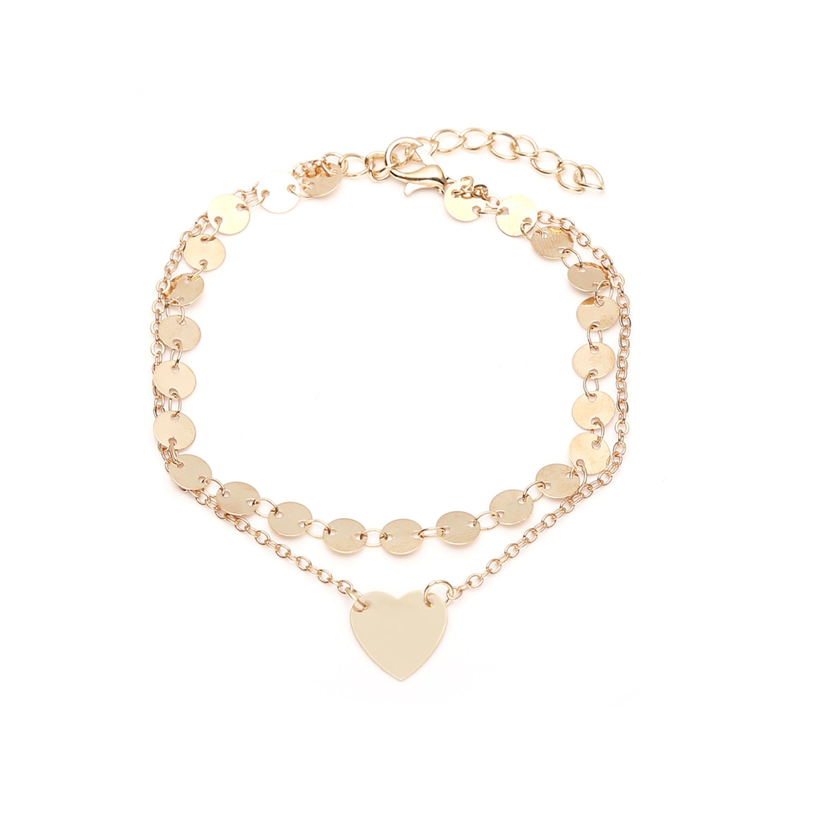 Premium Double-Layer Heart & Disc Anklet - Goldtone Elegance