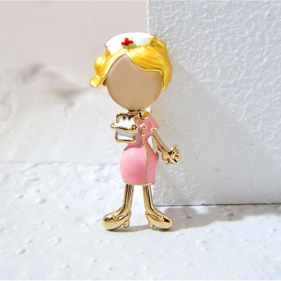 Premium Goldtone Nurse Brooch - Pink Edition